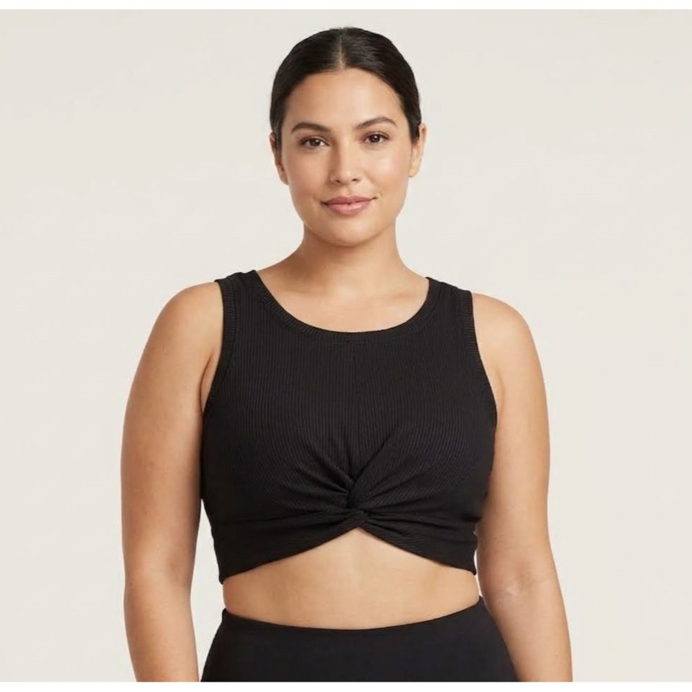 Aerie OFFLINE Shined Ribbed Twist Front Sports Bra Black Medium Support Crop Top